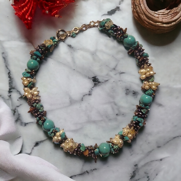 Genuine .925 Sterling Silver Necklace Czech Glass Seed Beads Pearl Turquoise - Picture 4 of 6